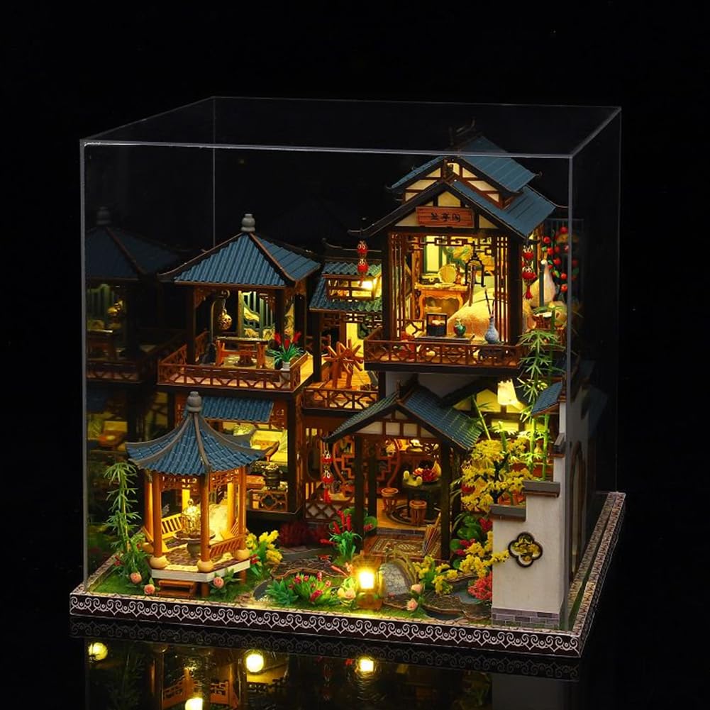 Kit de casa de muñecas montada de madera 3D en miniatura, estilo chino, para patio, con creatividad musical, regalo de cumpleaños de Halloween (con cubierta antipolvo)