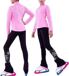 ROLTIN Chaqueta de patinaje artístico para niñas con pantalones, pantalones de patinaje sobre hielo, leggings de forro polar cálido sobre la bota (talla: 3XS, color: rosa)