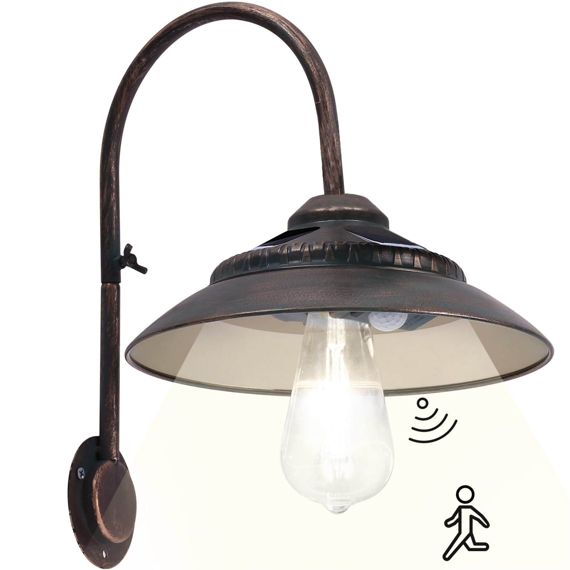 GoodecoSolar Barn Light with Motion Sensor - Metal Design Waterproof Solar Outdoor Lights - 4 High Efficiency Solar Panels with Clear Glass LED Edison Bulbs, Chicken Coop Light & More (Bronze)