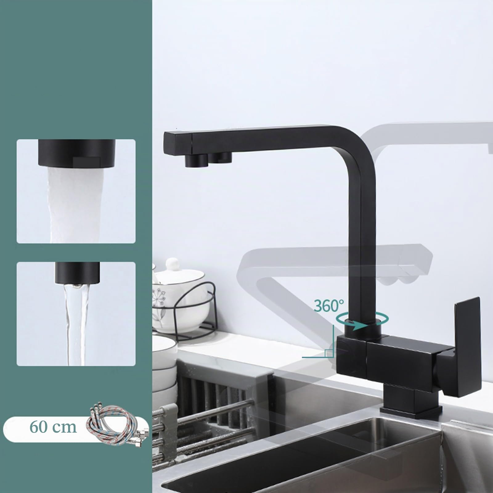 XJTNLB Grifo Giratorio Grifo Abatible Osmosis Grifo de Cocina Tres Vias Osmosis con Abatible Dos Salidas Grifo de Cocina para Agua Potable,Negro