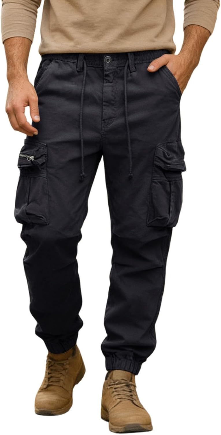 Men's Cargo Pants with Pockets Cotton Hiking Sweatpants Casual Athletic Jogger Sports Outdoor Trousers Relaxed Fit