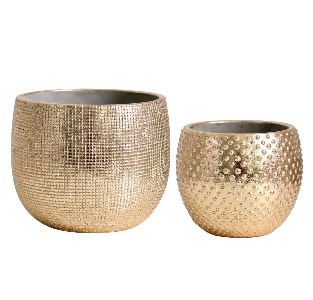 Olly & Rose Bali Ceramic Gold Foil Plant Pot Set 2-17 and 14cm Indoor Planters Cement Outdoor Flower Pots