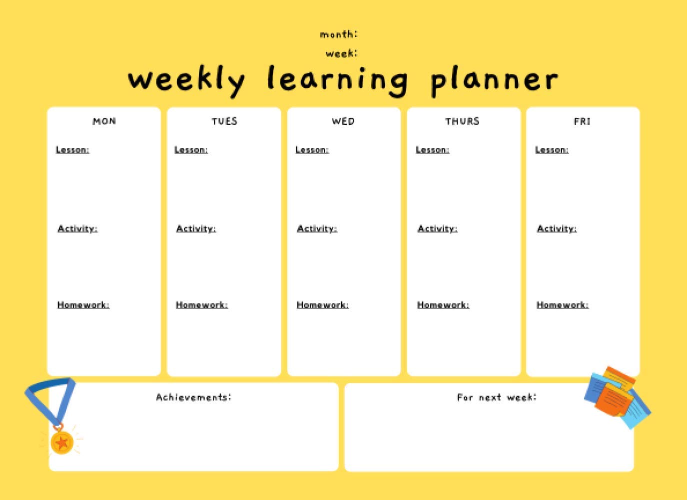 Bright And Fun Weekly Learning Planner: Good Day/Weekly/Monthly Learning Weekly Schedule. Calendar For Kids. Plan Children's Learning Yellow