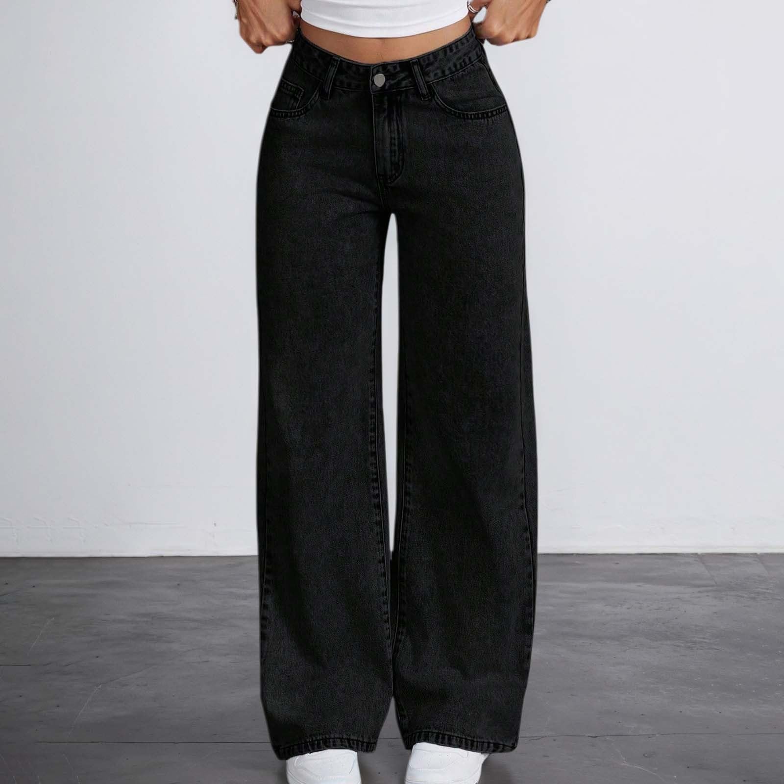 Jeans Elastico Vita-Pantaloni in Denim A Vita Alta Svasati per Ragazze Adolescenti con Tasche Posteriori Ricamate, Jeans Casual A Gamba Larga Effetto Consumato, Comodi Jeans Elasticizzati Morbidi