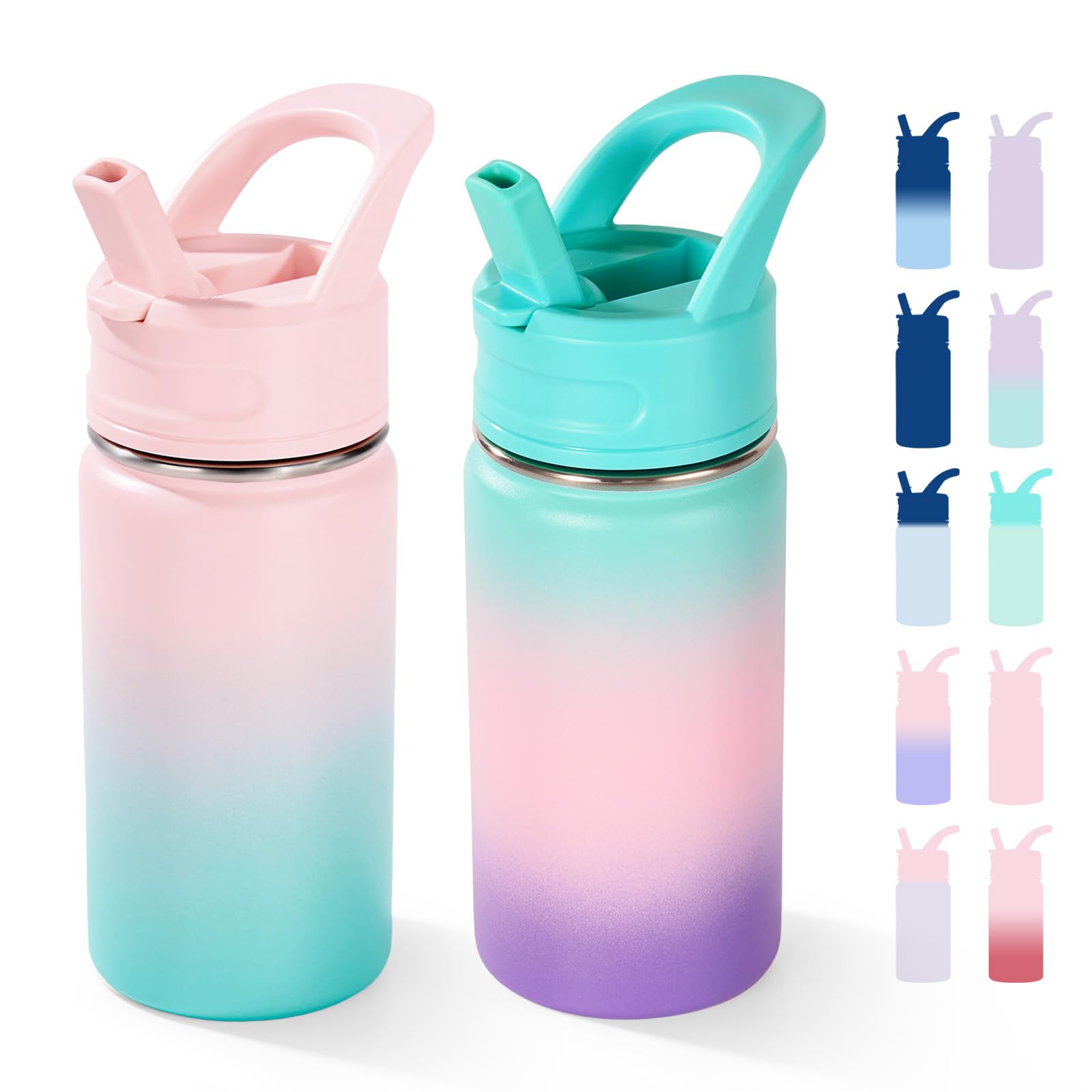 Fijinhom Kids Water Bottle for School, 360ml/12oz, Toddler Water Bottles with Straws, Stainless Steel Vacuum Insulated Water Bottles for Boys&Girls, Leak-Proof，2 Piece Set Aurora + Bubble Gum