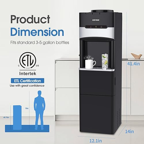 Miniatura 6 de Dispensador de enfriador de agua con máquina de hielo, enfriador de agua caliente y fría de carga superior para botella de 5 galones, incluye