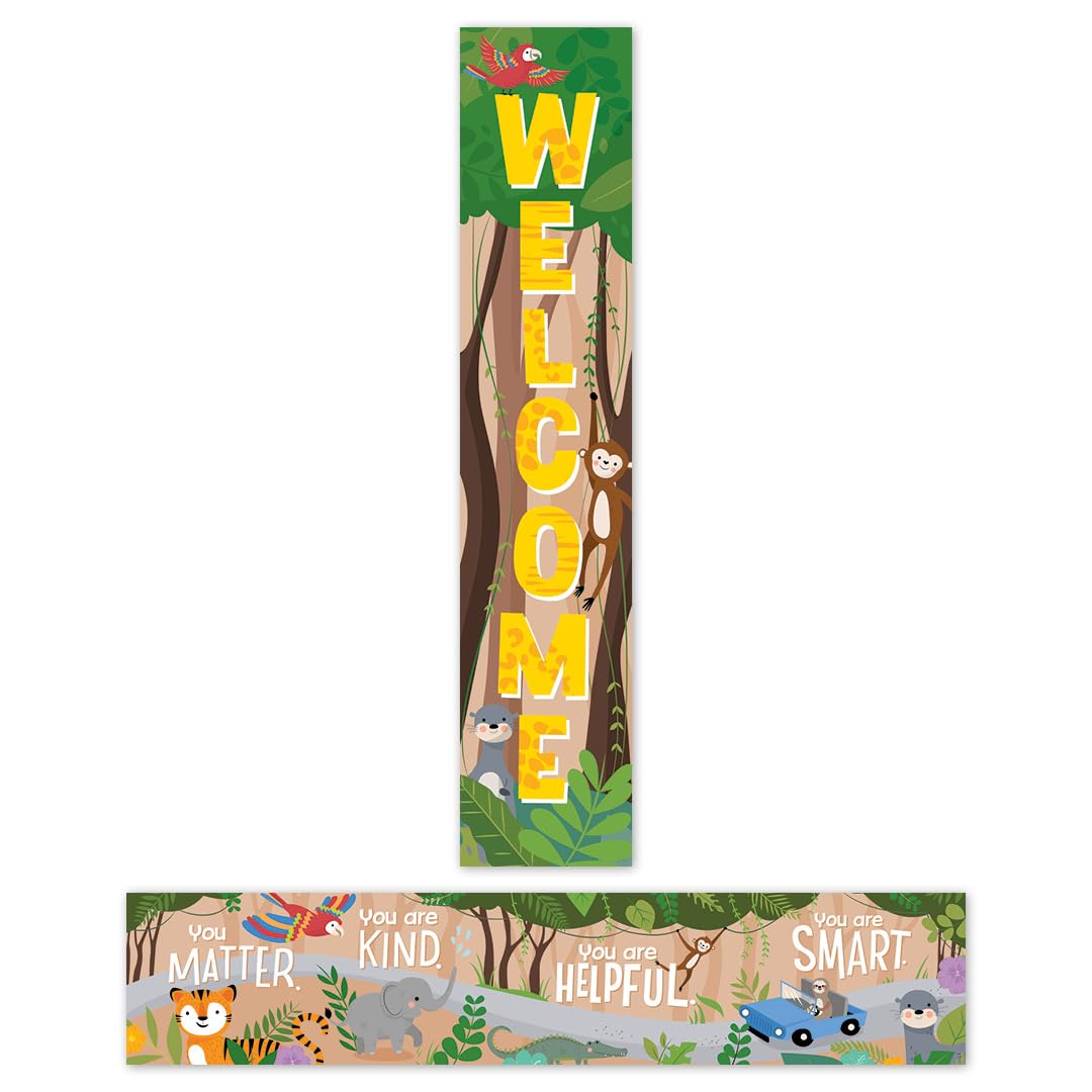 Bannière de bienvenue jungle CTP 10935 pour décorer une salle de jeux d'enfants