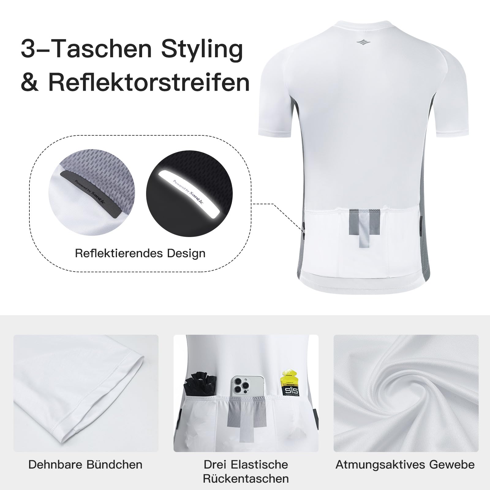 Santic Maillot de cyclisme à manches courtes pour homme - Respirant - Avec poches arrière - Pour cyclisme, course, VTT, été