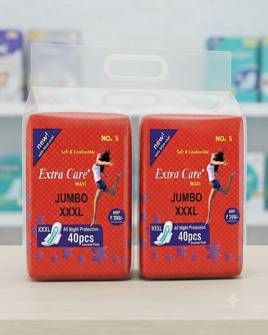 Extra Care Maxi Jumbo XXXL Sanitary Pads Combo Pack 80 pcs | All Night Protection, Scented Pads, Leak-Lock Design, Rash-Free Comfort, Heavy Flow Coverage-image-19