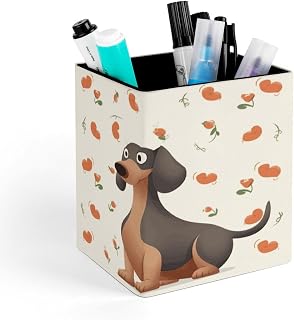 Square Pen Holder Dachshunds Dog Desk Organizer Pencil Cup | PU Leather Desktop Caddy Container Case, Storage Stationery Pens Remotes Makeup Brushes Essentials Tidy Home Office Supplies