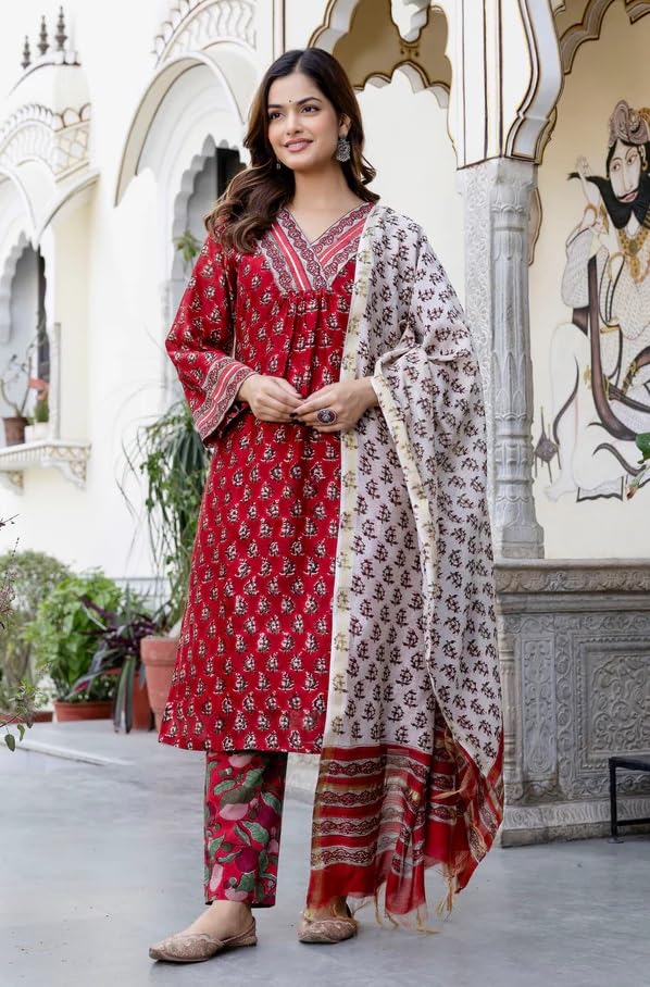 Image of Klosia Women Pure Cotton Kurta Pant Set with Dupatta | Traditional Block Print Ethnic Suit Set | Comfortable Daily, Office