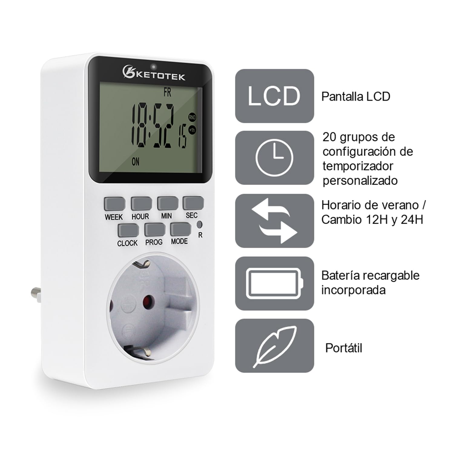 Temporizador Enchufe Digital Programable Enchufe de Salida 16A 3600W Pantalla LCD 20 Grupos Interruptor de Temporizador Programable de Encendido/Apagado Ahorro de Energía AC220V B0266eu