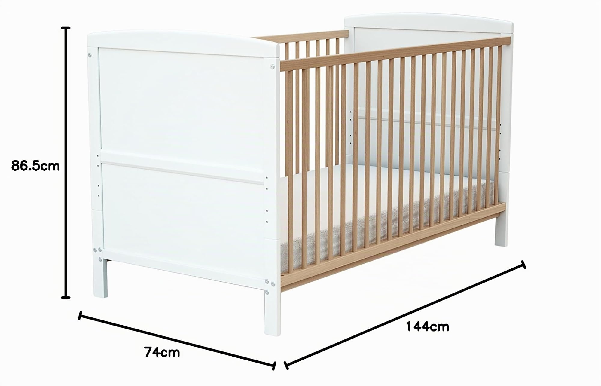 AT4 - Lit bébé évolutif en Bois 70 x 140 Essentiel Blanc et Hêtre Verni| 144 x 74 x 86,5 cm | Sommier à Lattes réglable 3 hauteurs | Transformable en lit Junior