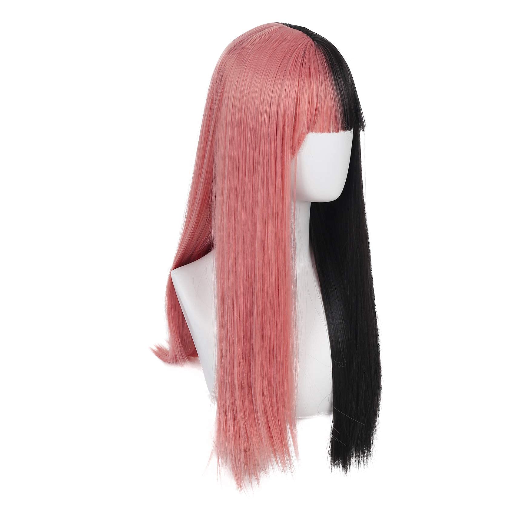 Swiking Lolita Wig - Half Pink, Half Black, Long Straight Cosplay Wig With Bangs, Natural Synthetic Hair