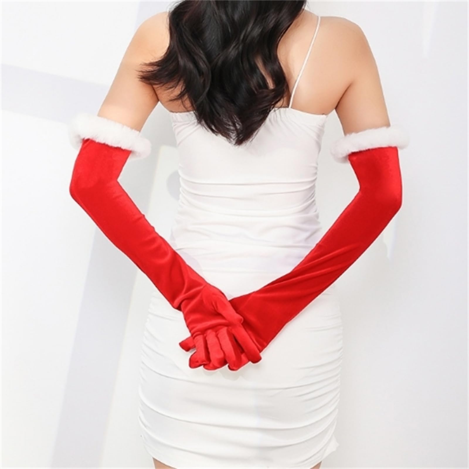 Golden Apple Christmas Women Long Gloves, Red Velvet Mittens with White Furry Fuzzy Trim for Evening Party Cosplay Wear - Image 4