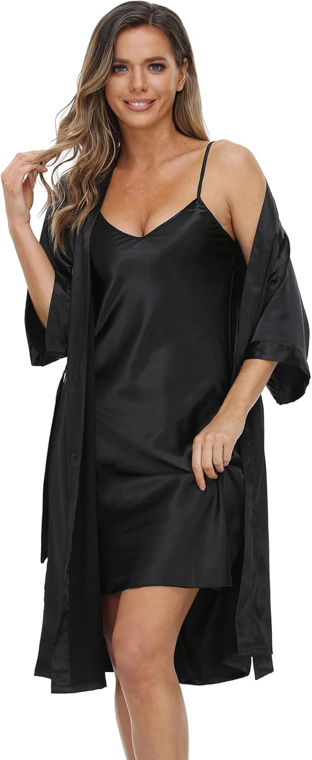 Women's Satin Nightgown with Robes Set 2 Piece Sleepwear Sexy Slip Gown Pajamas Set Silky Cami Nightwear