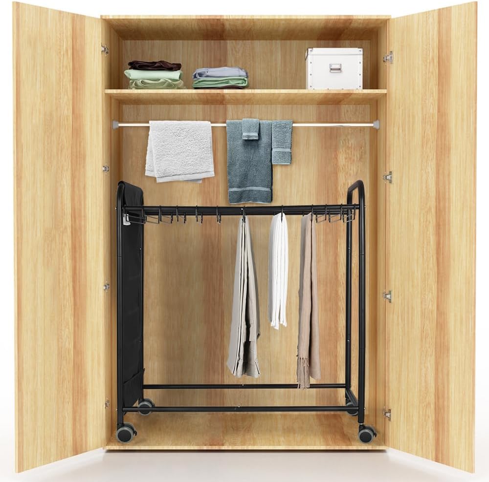 Pants Hangers Space Saving Pant Organizer for Closet Hangers for Pants Rolling Pants Racks for Hanging Jeans Pants Rack with 20 Hangers and Side Bag Pants Trolley for Dress Jeans Skirts, Black