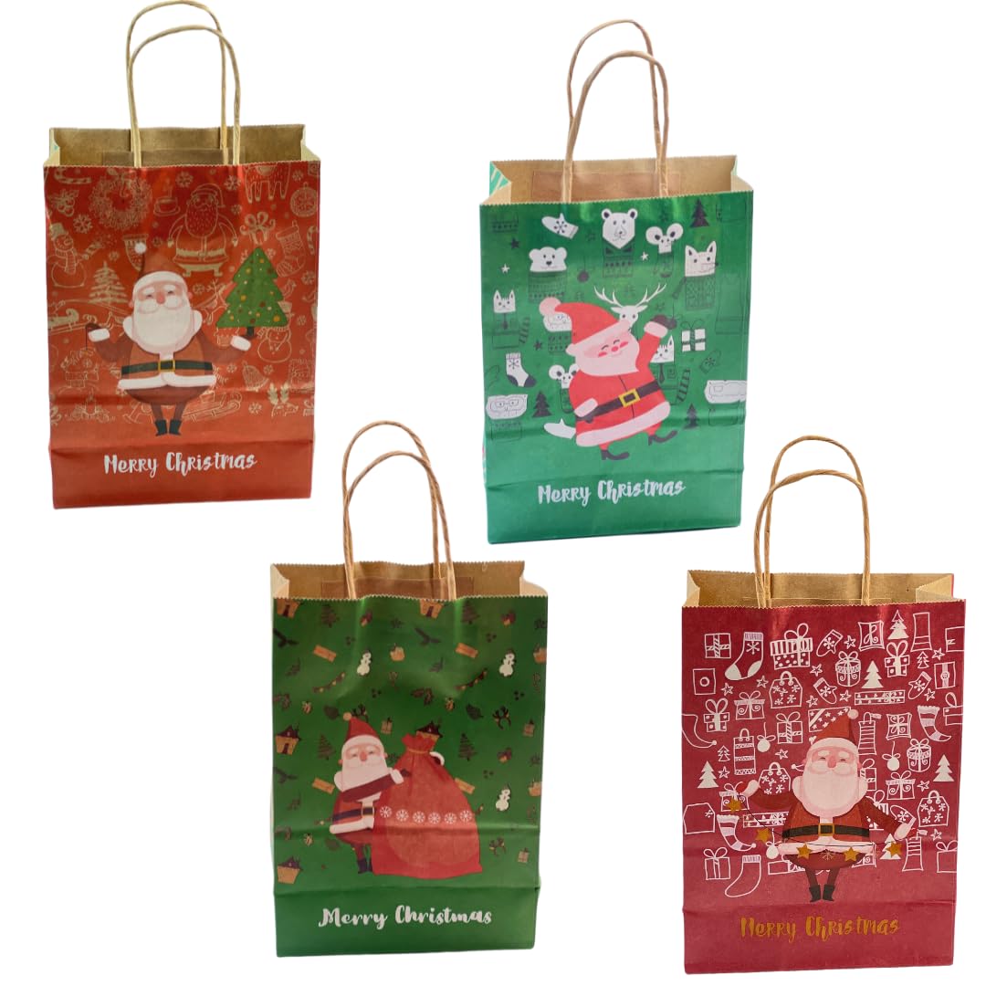 Natural Kraft Paper Christmas Bags – Sturdy, Versatile for All Gift Sizes | Versatile and Durable Kraft Paper Christmas Bags – Reusable, Recyclable| Pack of 12 (Design 4, Small)