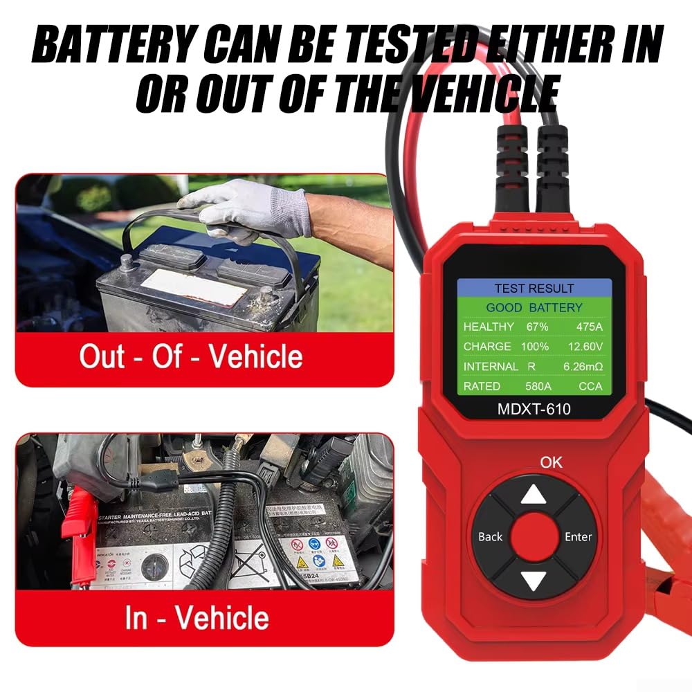 MDXT-610 12V Batterietester Innenwiderstand | LCD-Display, SOH/SOC-Analyse, Automatischer Starttest, Ladesystemprüfung, ABS-Material, Mehrsprachige Unterstützung