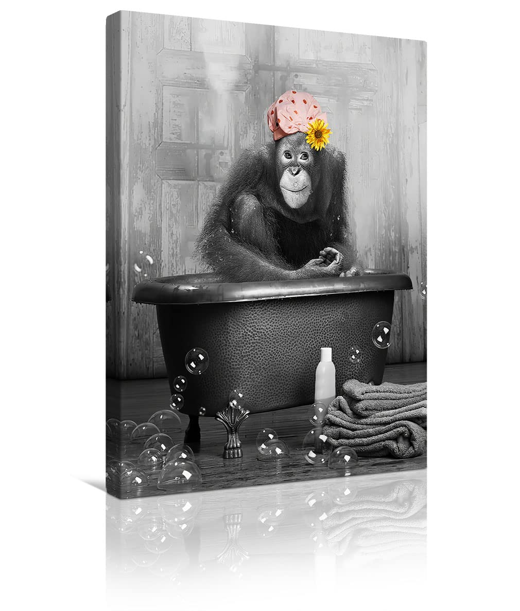 Bathroom Wall Decor Gorilla Monkey And Sunflower In The Bathtub Funny Painting Canvas Wall Art Animal Picture Print Black And White Artworks For Living Room Framed Ready To Hang 8x10Inch