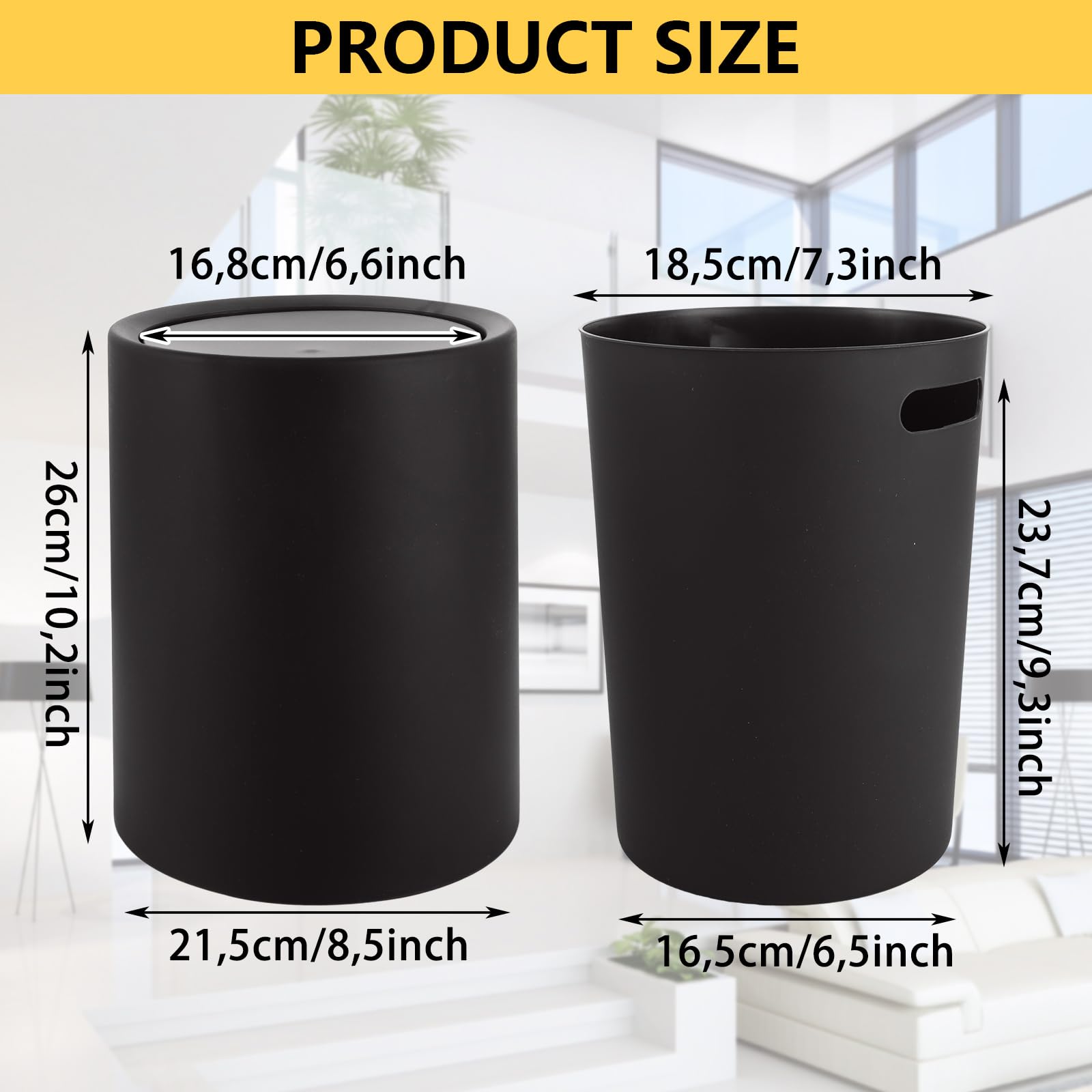 Cestino Della Spazzatura Da 12L Con Coperchio Girevole Nero Opaco – Versatile Cestino Per La Carta Da Bagno E WC, Elegante Cestino Per Ufficio Nero, Secchio Per Cosmetici Nero, In Plastica Di