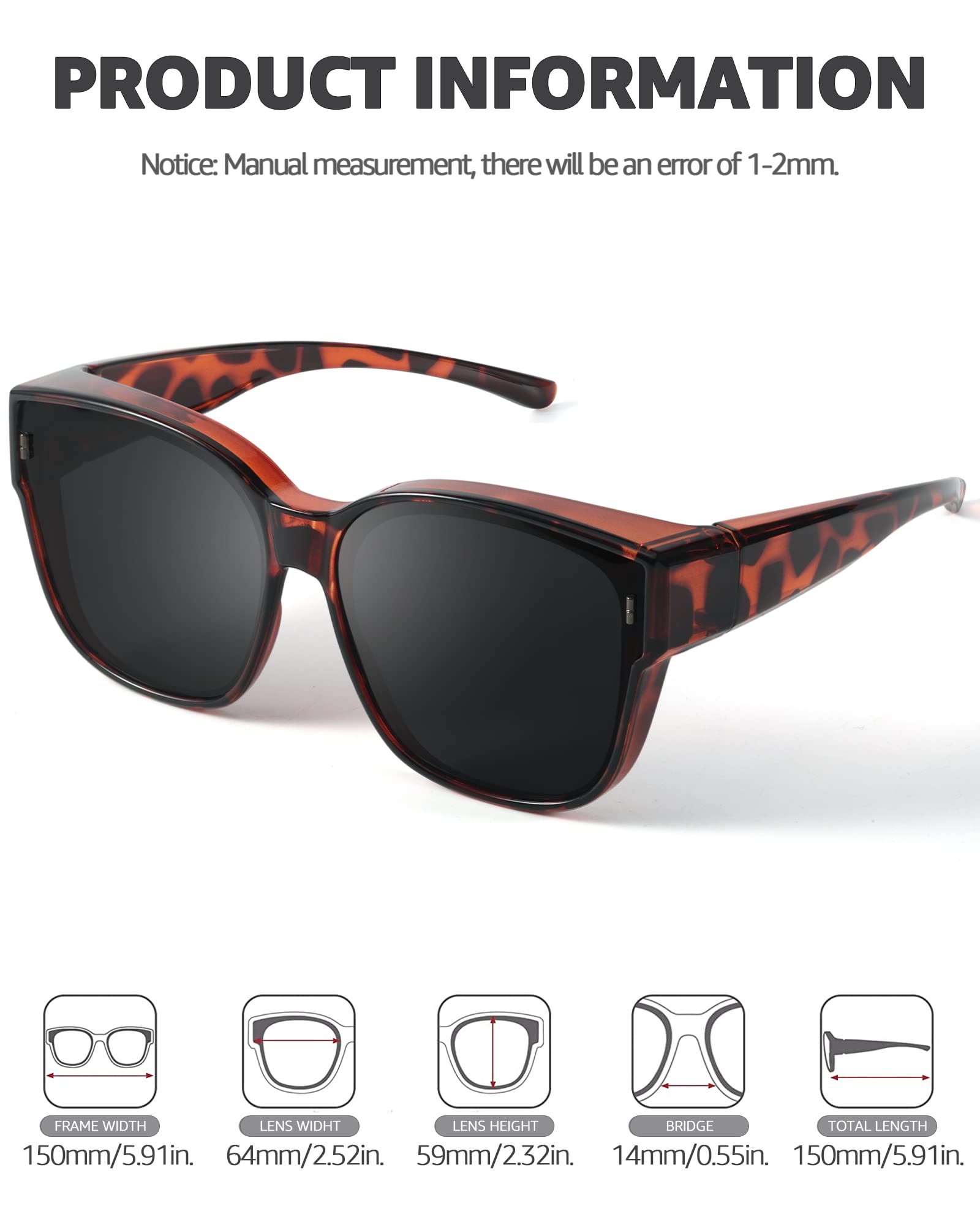 Occhiali Oversize Occhiali da Sole Donna Uomo Polarizzati vestibilità con Protezione UV Occhiali da Sole da Guida LS3091, Montatura tartarugata A02/Lente polarizzata Nera