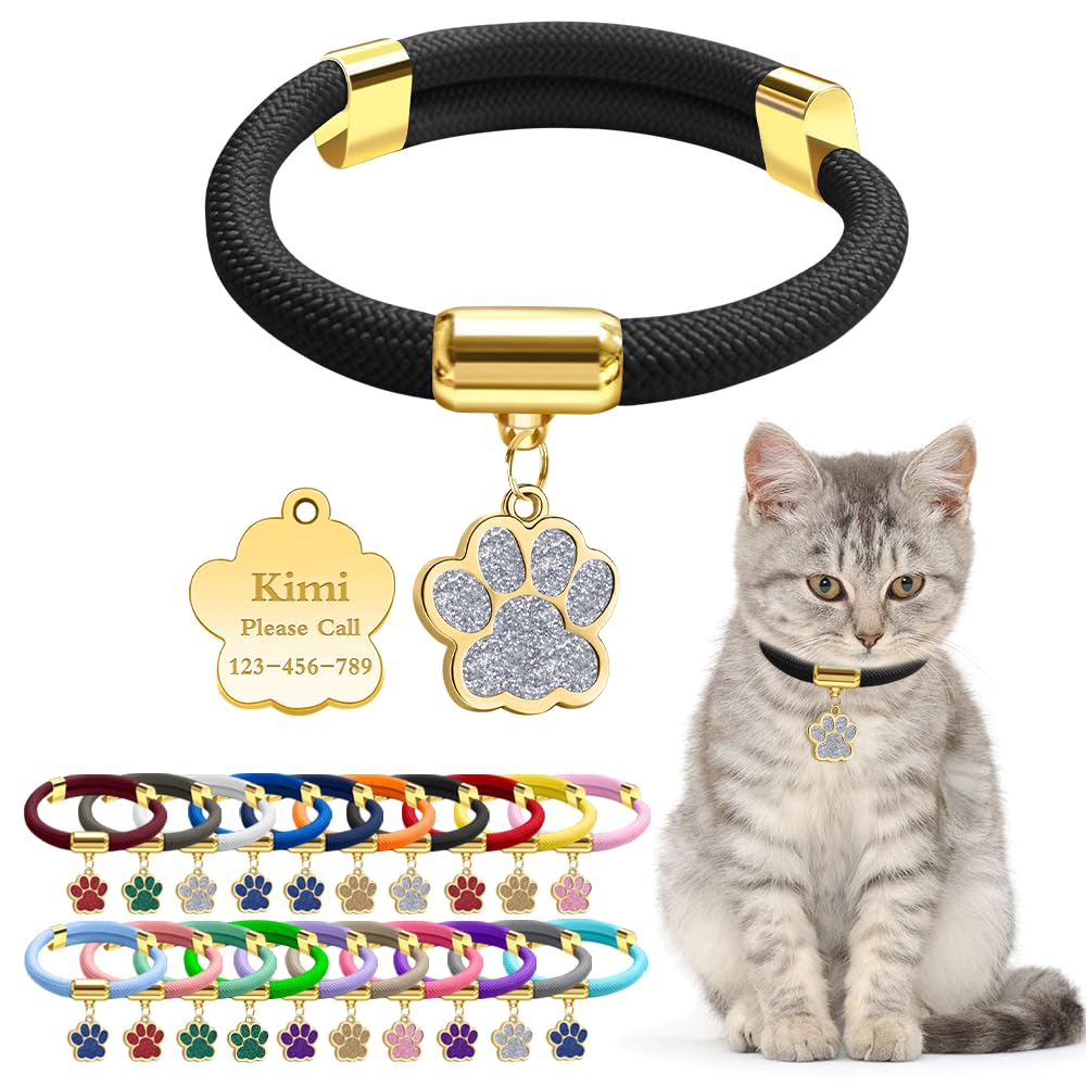 Personalized Breakaway Cat Collars with Magnetic Quick Release Buckle, Custom Engraved Name Tag for Cats (Pure Black)