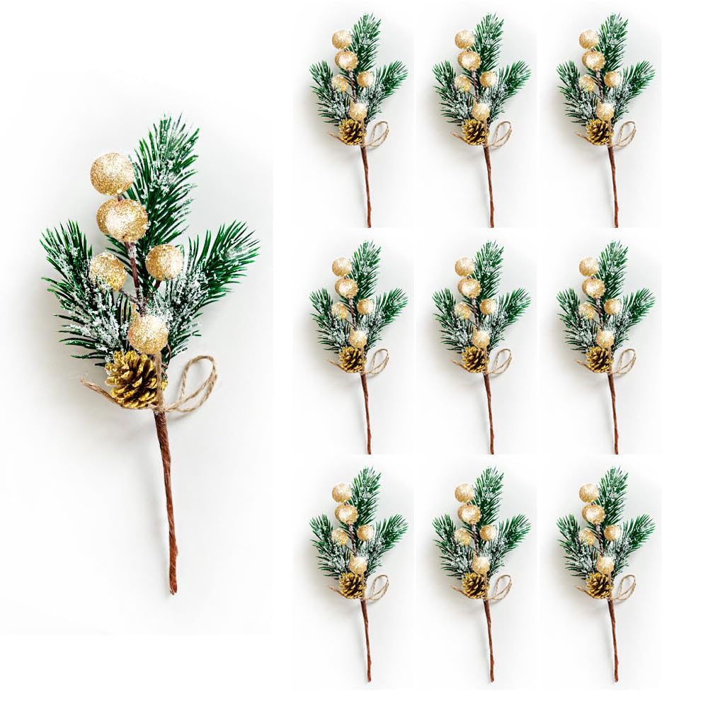 RXXR Pack of 10 Snowflake Berries, Artificial Christmas Berries, Pine Cones for Flower Arrangements, DIY Wreath, Christmas Tree Decorations (Gold)