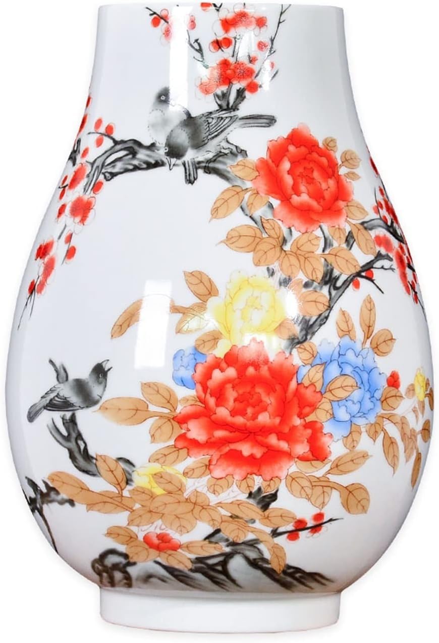 Vase Tabletop Ceramic Flower and Bird Handmade in Chinese Porcelain 14.9 Inch Large Decorative Stoneware Vases Flowers