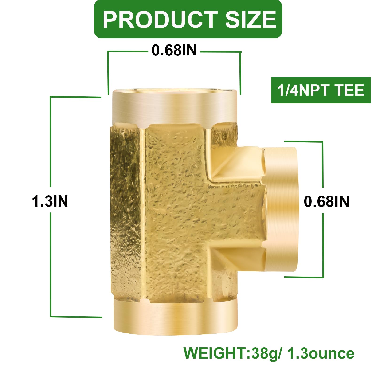 Jingzan Paquete de 2 conectores en T de latón NPT de 1/4, conector en T de 3 vías de 1/4 x 1/4 x 1/4 pulgadas, adaptador hembra NPT para gas, aire, aceite, propano (paquete de 2 unidades de 1/4)