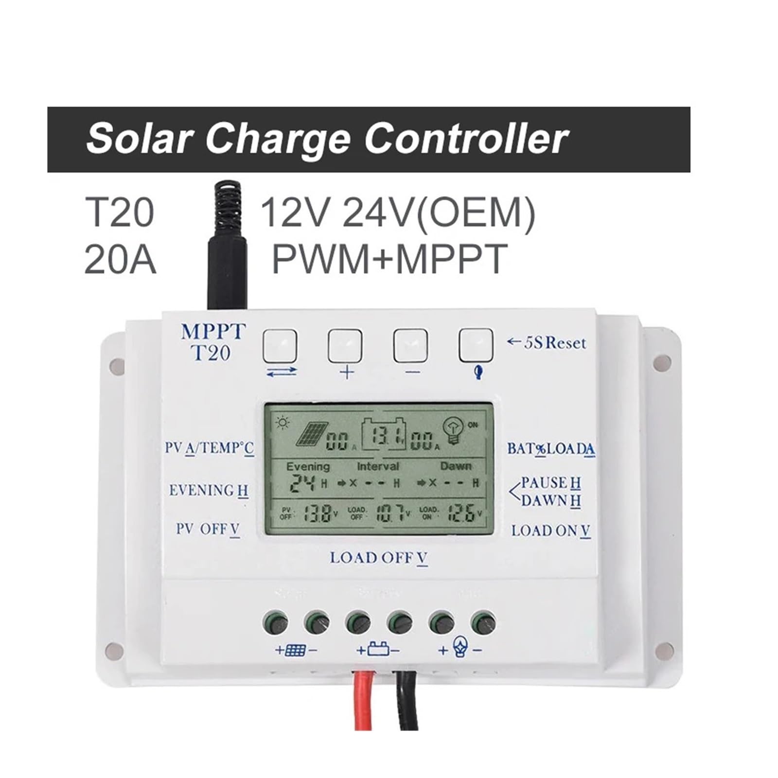 Kontroler ładowania słonecznego, 20A MPPT 12 V/24 V ładowarka do baterii słonecznych Regulator kontrolery ładowania wyświetlacz LCD domowy panel słoneczny regulator fotowoltaiczny