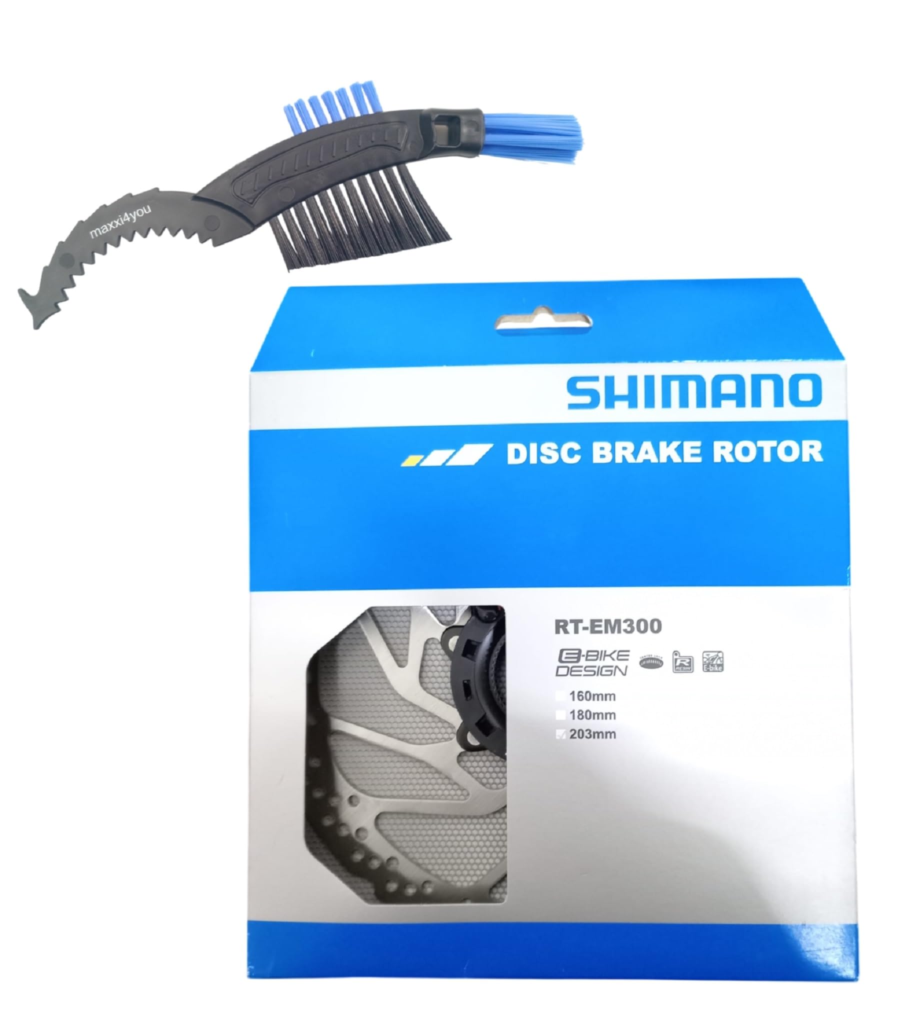 maxxi4you Shimano RT-EM300 - Disco de freno para bicicleta (203 mm, incluye cepillo de cadena de bicicleta), color plateado y negro