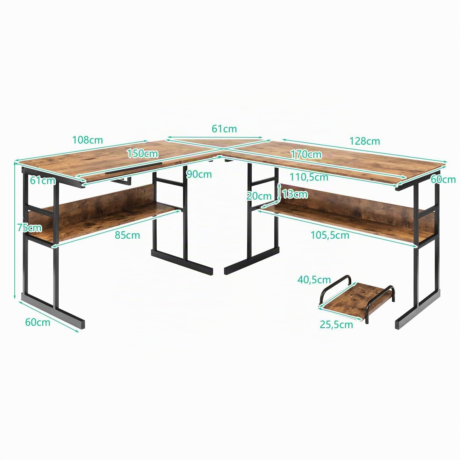 COSTWAY L-förmiger Schreibtisch, Eckschreibtisch aus Holz mit neigbarer Tischplatte, 2 Ablagen & CPU-Ständer, Computertisch für Zuhause & Büro, 170 x 150 x 75 cm (Braun)