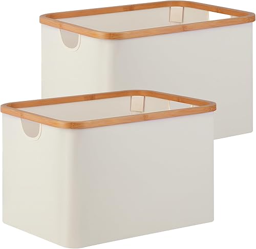 iEGrow Paquete de 2 cestas de almacenamiento, contenedores de almacenamiento plegables con asas de bambú, almacenamiento rectangular para organizar