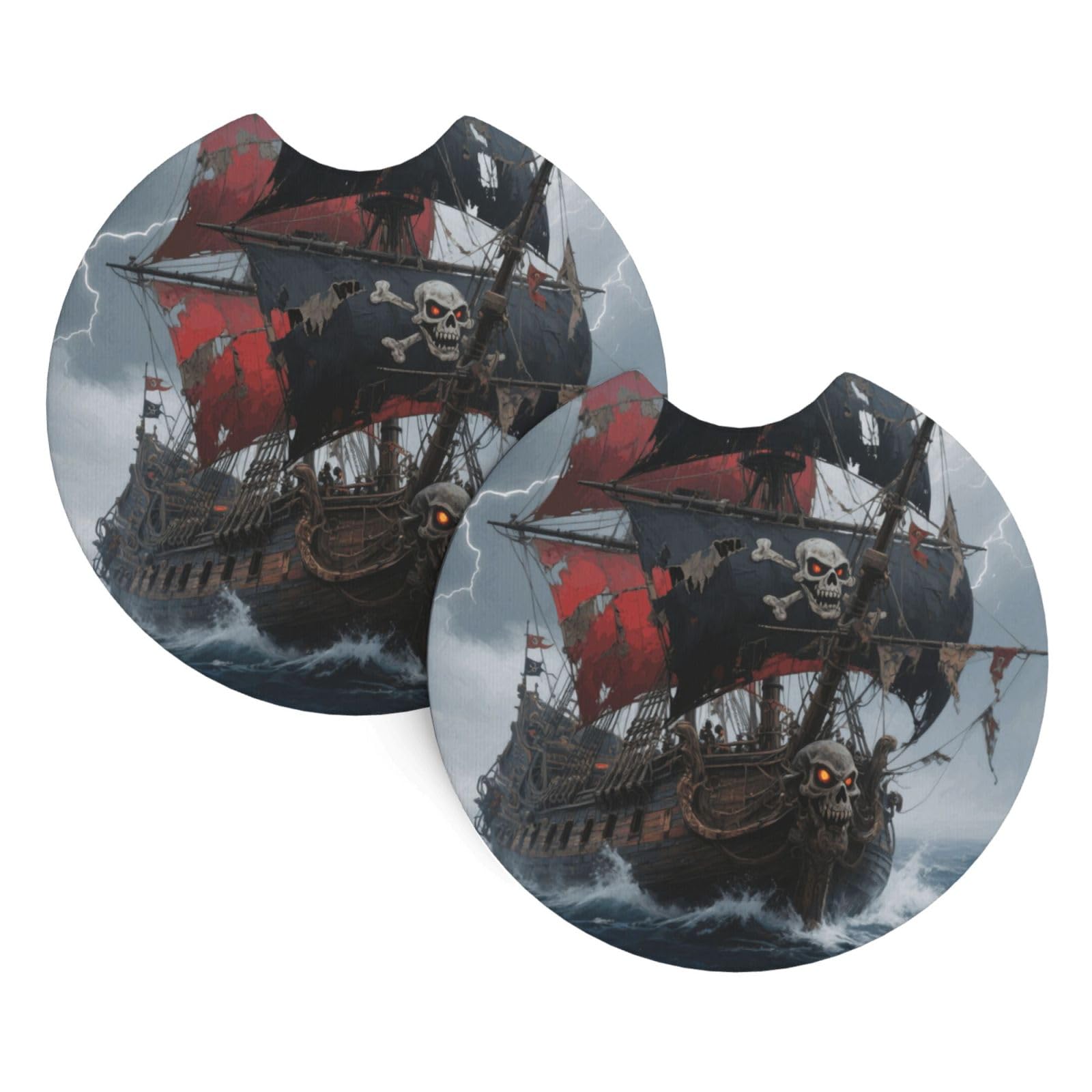 2 Pack Car Coaster for Cup Holders Pirate Ship at Sea Car Cup Coaster 2.7" Neoprene Non-Slip Automotive Cup Mat Universal Auto Car Interior Accessories for Women Men Cup Pad