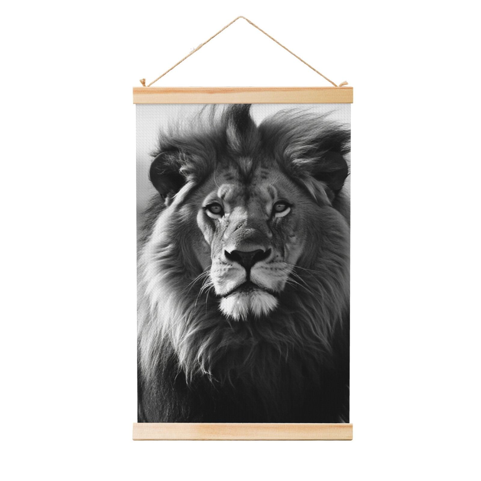 African lion black and white Poster Wooden Shaft Hanging Poster Wall Hanging Banner Canvas Artwork with Wood Frames 20"x30" Modern Artwork Decor Ready to Hang Wall Art for Home Decor Scroll Painting