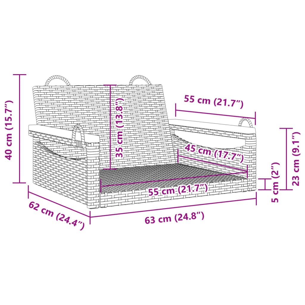 Poltrona sospesa da giardino, 63 x 62 x 40 cm, in polyrattan, con anelli di fissaggio, portata fino a 110 kg, telaio in acciaio verniciato a polvere, rattan sintetico