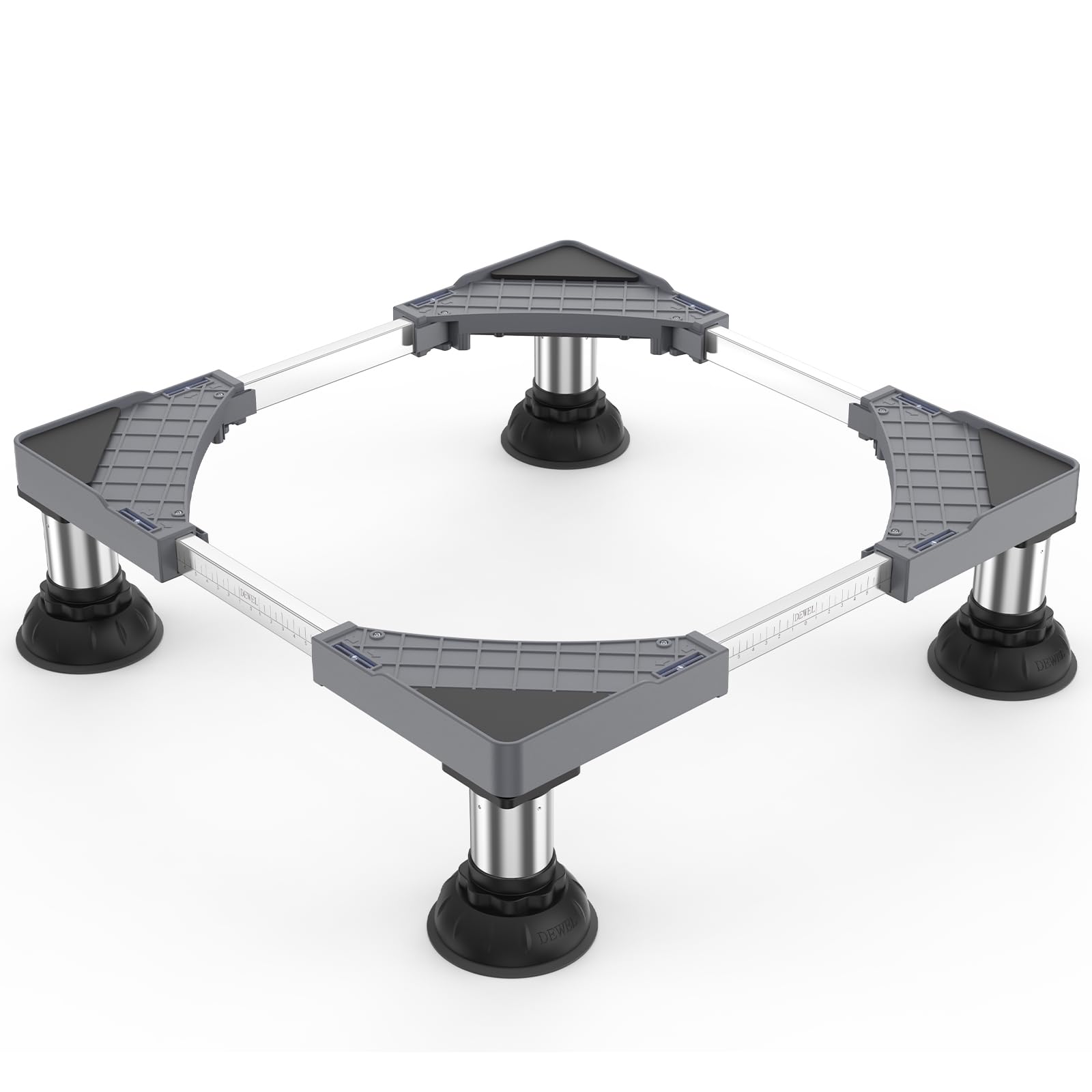 DEWEL Wasmachineronderstel met 4 roestvrijstalen poten, onderstel voor wasmachine, droger, koelkast, berenbelasting, 250 kg, verstelbare wasmachines, sokkel, breedte 45-65 cm, hoogte 15-18 cm, grijs