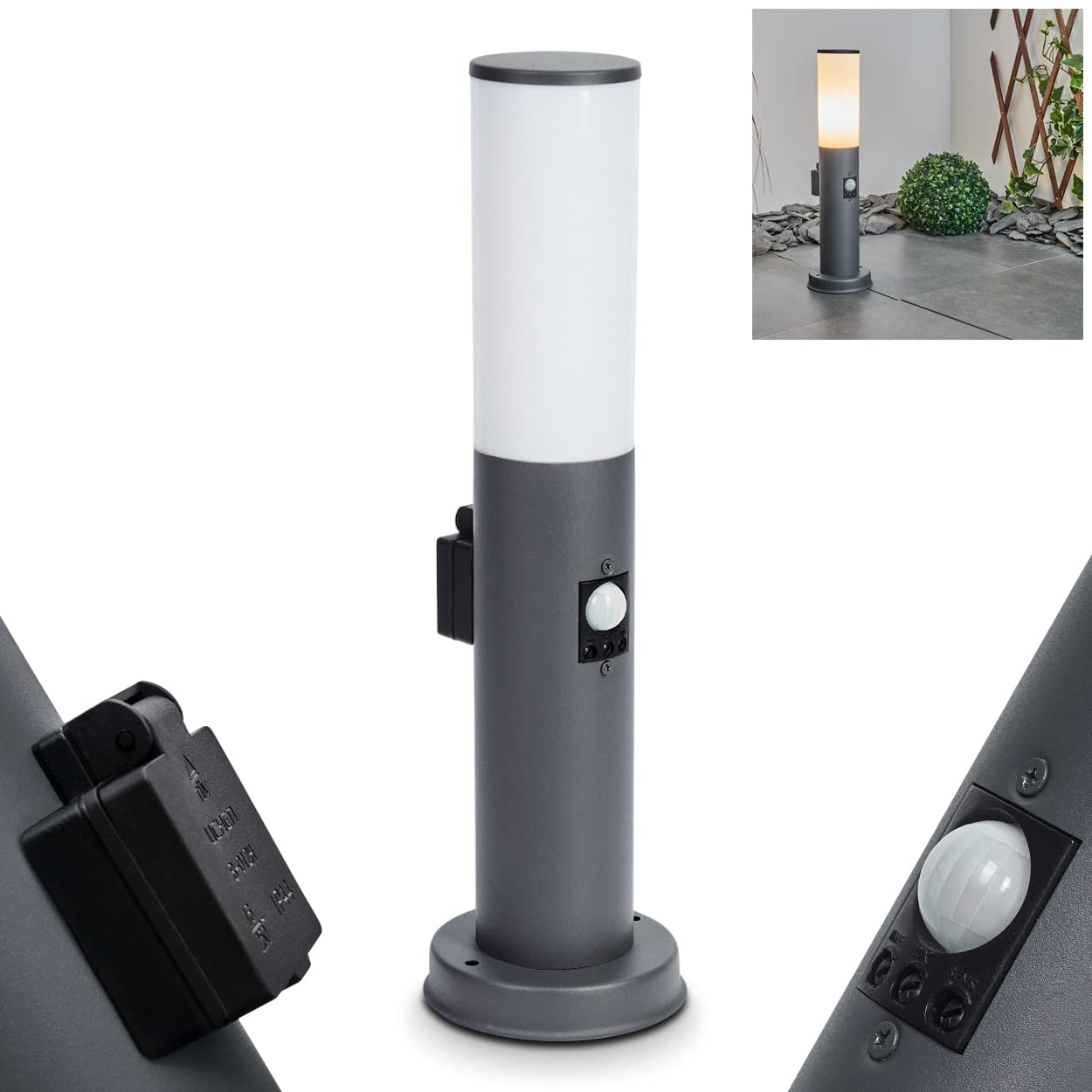 Lampa zewnętrzna Caserta z czujnikiem ruchu i gniazdem, lampa na cokole, metal/tworzywo sztuczne w kolorze antracytowym/białym, oświetlenie ścieżki 45,5cm, lampa ogrodowa, E27, IP44, bez żarówki