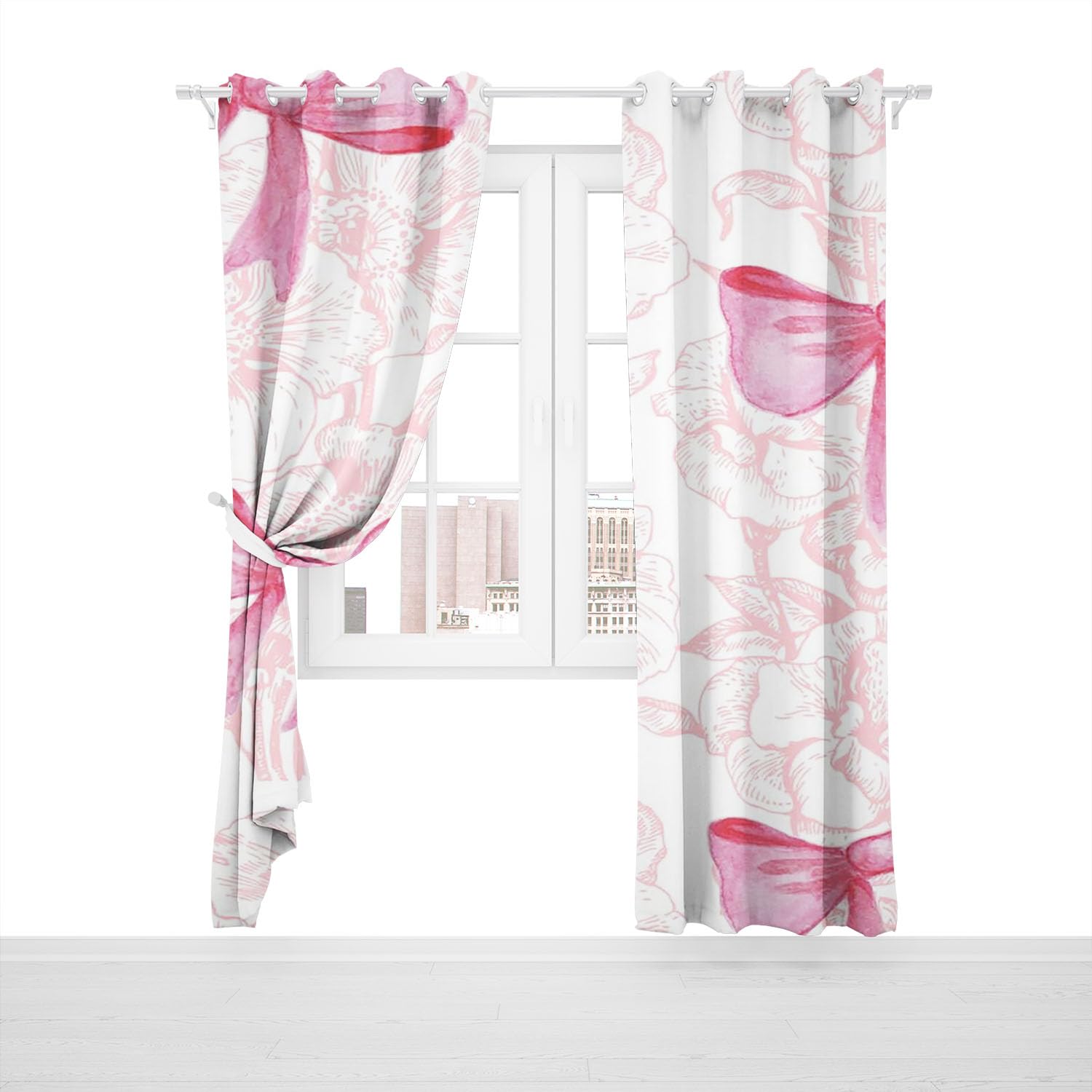 Rideaux occultants avec nœud rose 3D motif papillon coloré 220 x 215 cm (2 x 110 x 215 cm)
