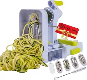 Brieftons Espiralizador QuickFold de 5 lâminas: cortador espiral dobrável versátil e compacto, melhor máquina de espaguete de macarrão vegano para baixo teor de carboidrato/paleo/sem glúten com pincel e 4 eBooks de receitas