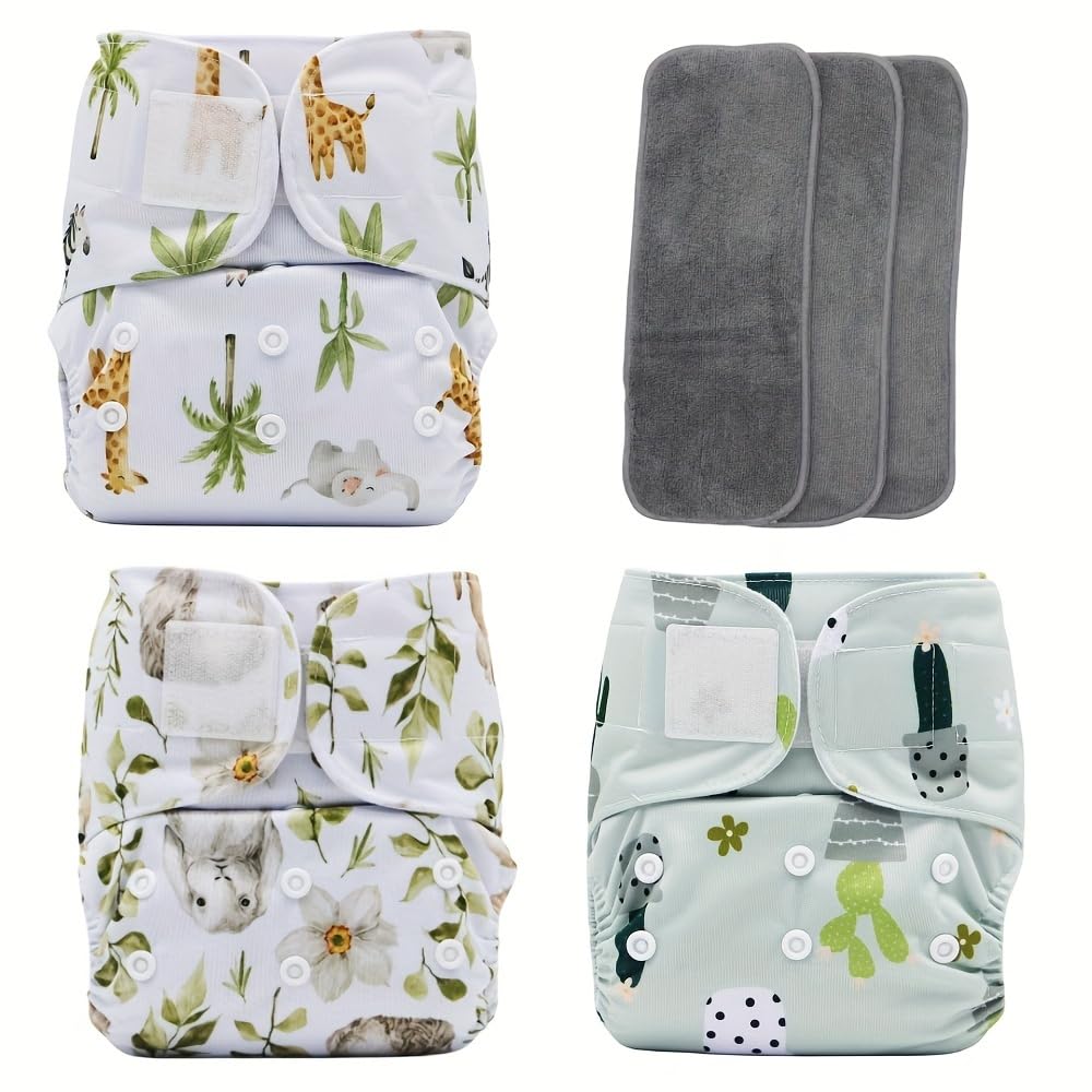 Asenappy 3 pcs Hook and Loop Fasteners Design Baby Reusable Cloth Diapers with 3 Microfier Inserts (Animals Prints)