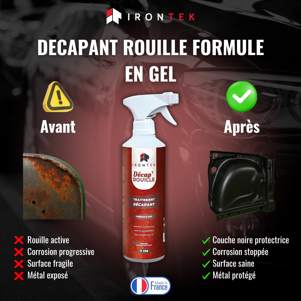 Décapant Rouille en Gel Spray 500 ML - IRONTEK | IT238 | Dissolvant Haute Efficacité | Dissout la Rouille Rapidement | Métaux Fer Acier | Anti-Rouille et Convertisseur de Rouille
