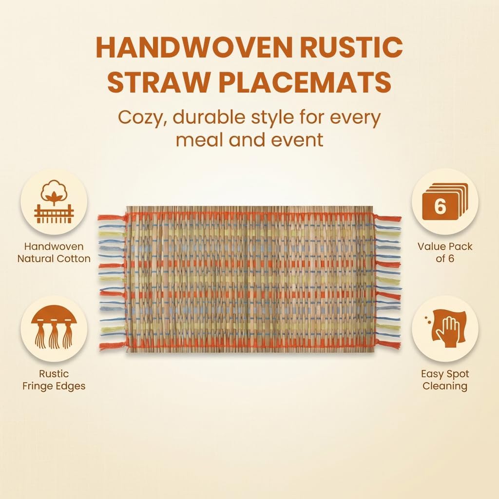 LFH Home Handmade Natural Woven Dining Mats Set Placemats Set of 6 Farmhouse Table Décor Rustic Placemats with Fringe for Dining Table Kitchen Family Gathering Party -13x19 Inch-Orange Yellow Stripes