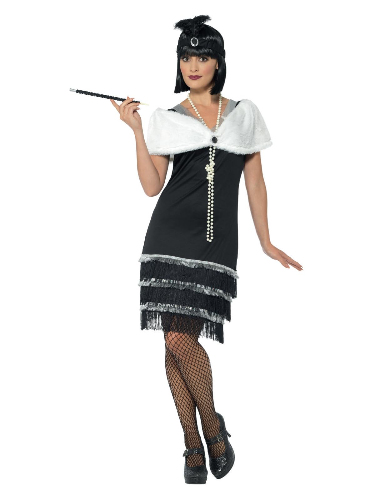 Smiffys Flapper Costume, Black with Dress, Headband & Fur Stole, 1920's Razzle Fancy Dress, Adult Dress Up Costumes Halloween