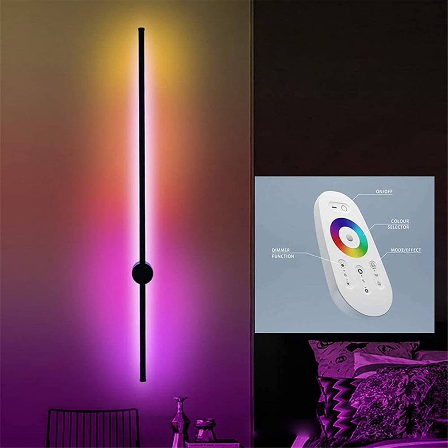 ZDKJ Modern RGB Wall Light, Dimmable LED Wall Lamp with Remote, 15W Color Changing Aluminum Wall Sconce Light Fixture Indoor for Bedroom Living Room Stairwell Hallway, Black, 100cm