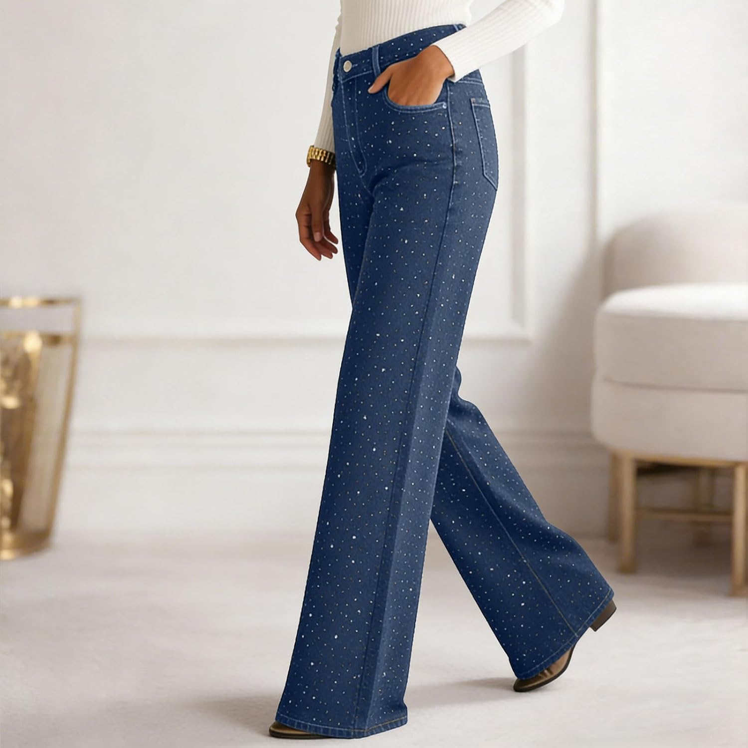 Women's Rhinestone Jeans Wide Leg Baggy Denim Pants High Waist Sparkle Shiny Glitter Sequin Bling Trouser Outfit