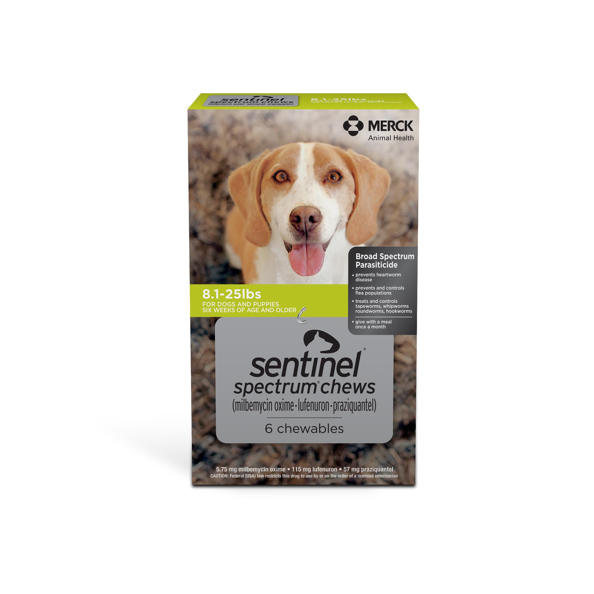 SENTINEL SPECTRUM Chews for Dogs, 8.1-25 lbs, 6 Chews, 6-Month Supply, Green Box