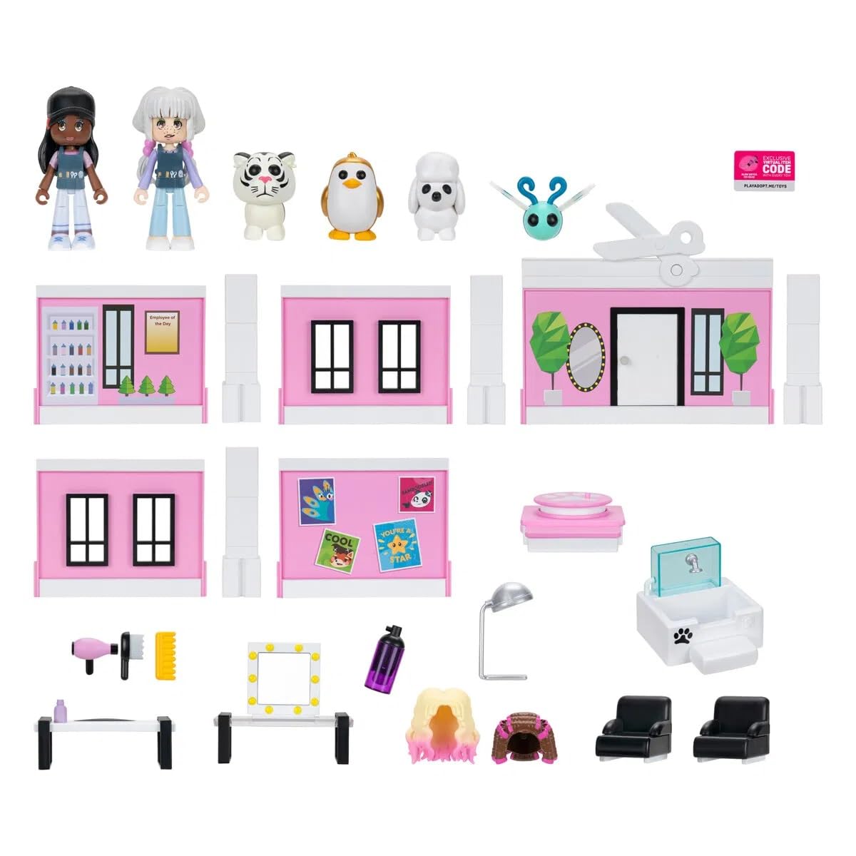 Adopt Me! Pet Salon Deluxe Playset - Najlepsza gra online - Ekskluzywny wirtualny kod przedmiotu w zestawie - Zawiera Twoje ulubione zwierzęta domowe, postacie i krajobrazy do zabawy