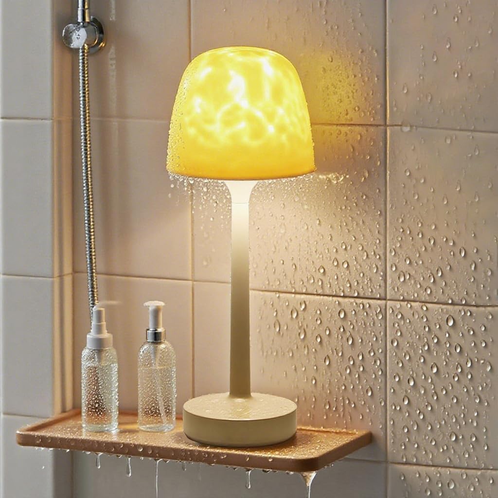 HIAME Waterproof Shower Lamp Cordless, Rechargeable Shower Light with 16 Color Ocean Wave Projector, Dimmable Bathroom Lamp with Touch & Remote Control, Mood Light for Bathtub/Bathroom
